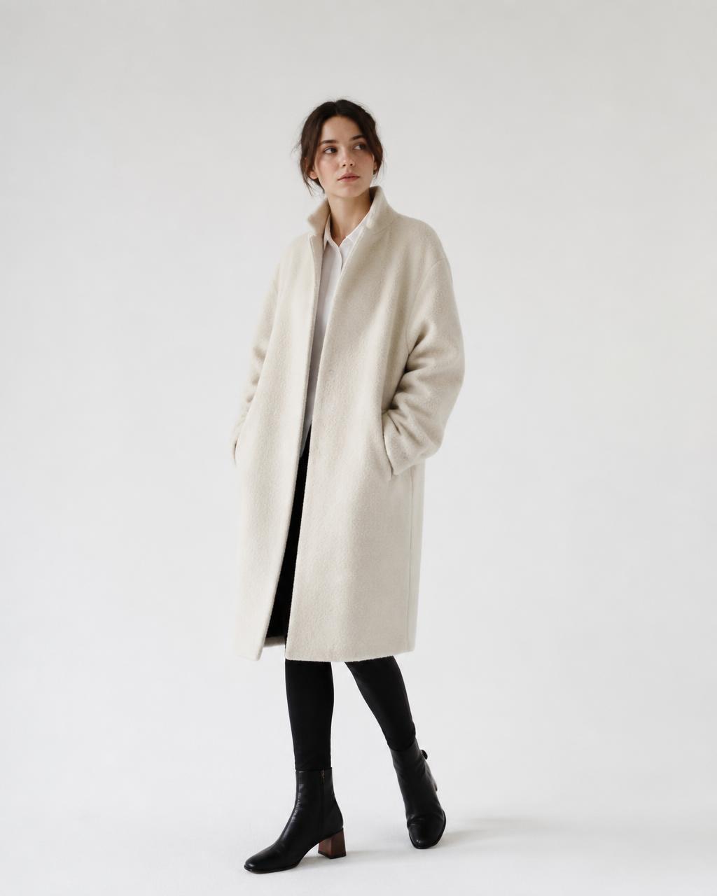 Model wearing a cream oversized wool coat and black boots